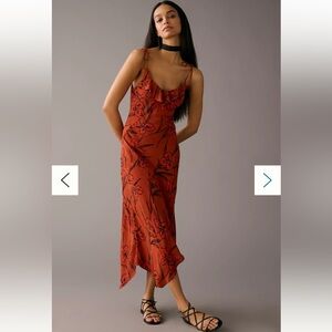 Anthropologie Floral Slip Dress Small Rust Orange Midi Ruffle Strappy Boho 90s